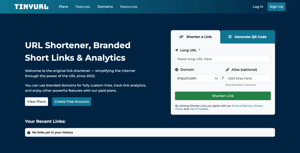 TinyURLのスクリーンショット